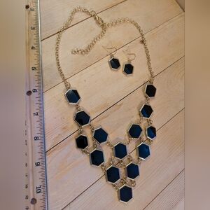 Elegant Gold and Black Hexagon Necklace Set Costume Jewelry